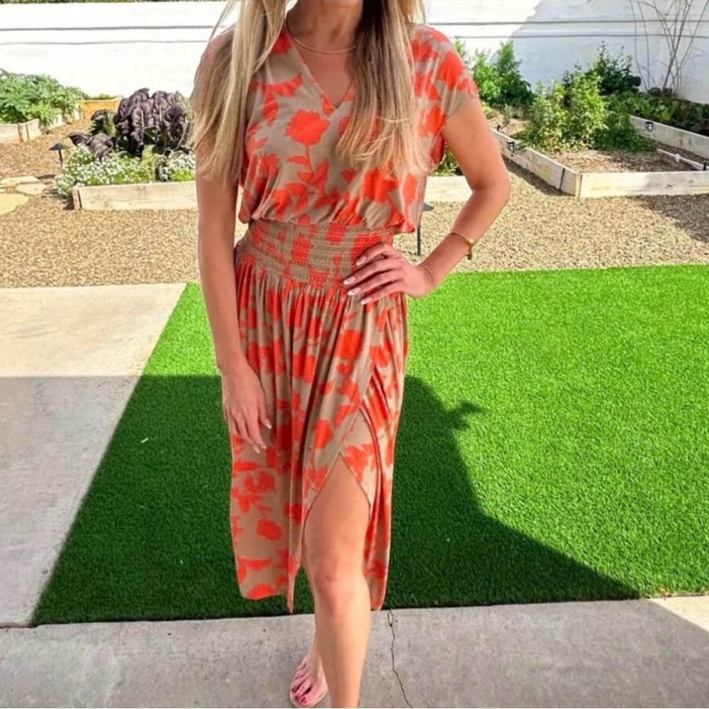 Brand New Ramy Brook Orange & Tan Parky Midi Dress - Size Medium